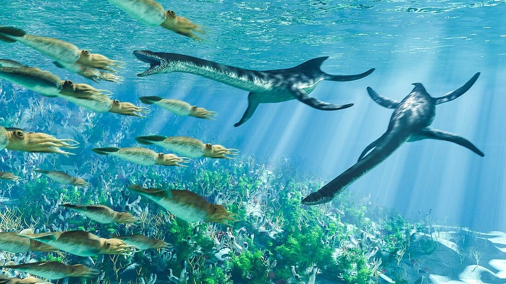 Plesiosaurs Adapted to Freshwater Environments 3 Plesiosaur and Belemnite marine animals, illustration